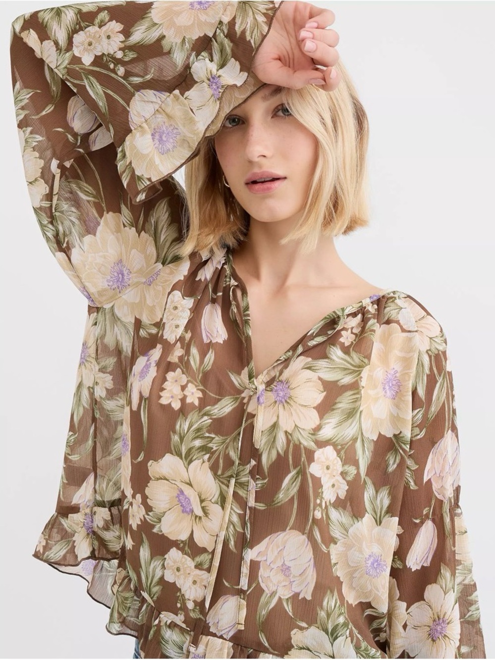 NWT LOFT Brown Floral Chiffon Bell Sleeve Blouse w/Cream & Lavender Blooms Med